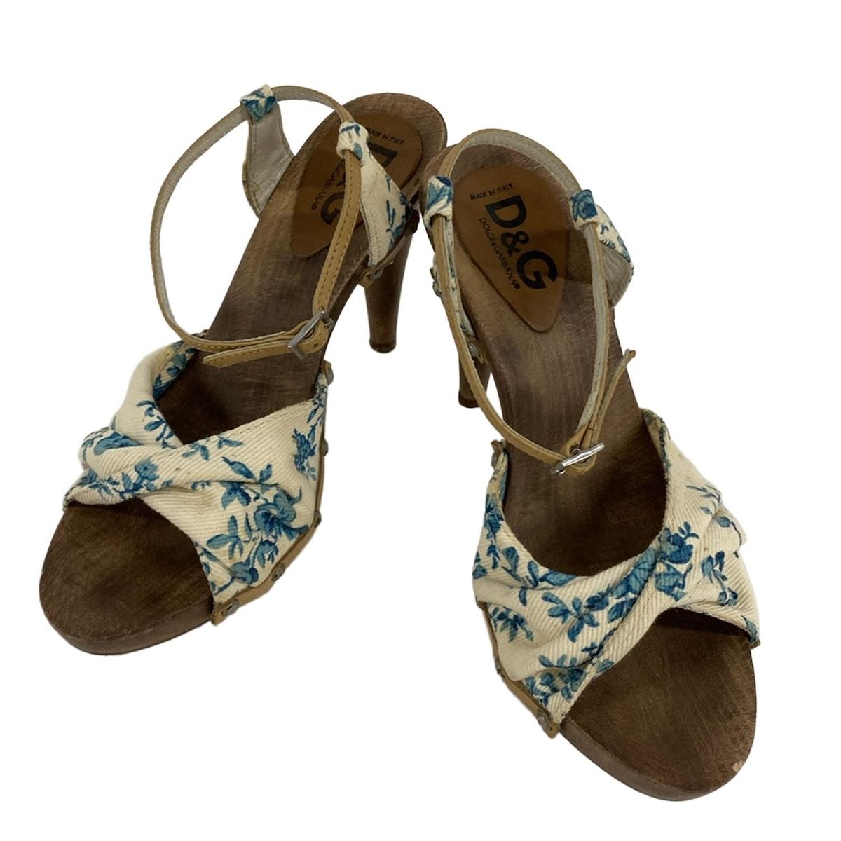 アイボリー×ライトブルー×ダークグリーン 花柄|オープントゥ|アウトソール張替済