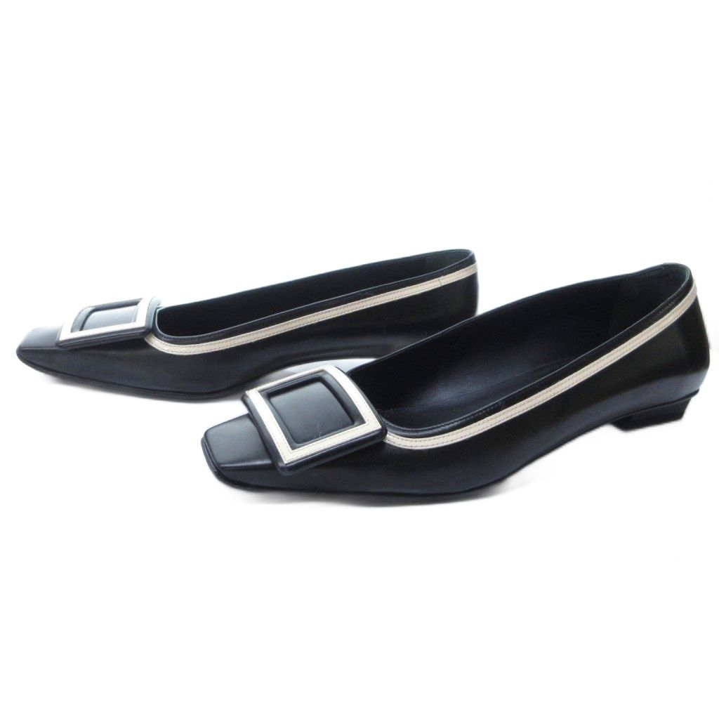 ロジェヴィヴィエ ROGER VIVIER ベルヴィヴィエ スクエアトゥ パンプス ローヒール 黒 ブラック 白 ホワイト 約23cm IBO81