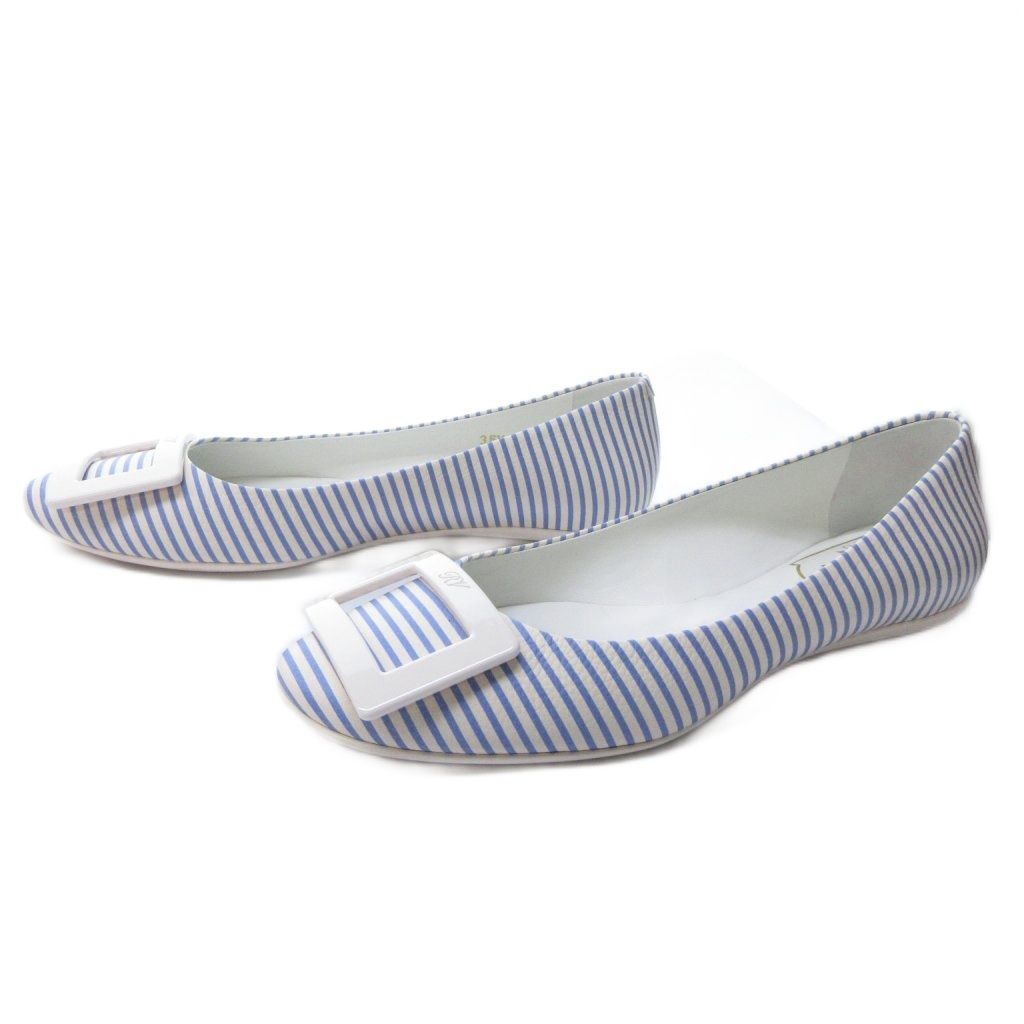 ロジェヴィヴィエ ROGER VIVIER ストライプ レザー パンプス フラットシューズ スクエア ホワイト ブルー 36.5 23.5cm IBO81
