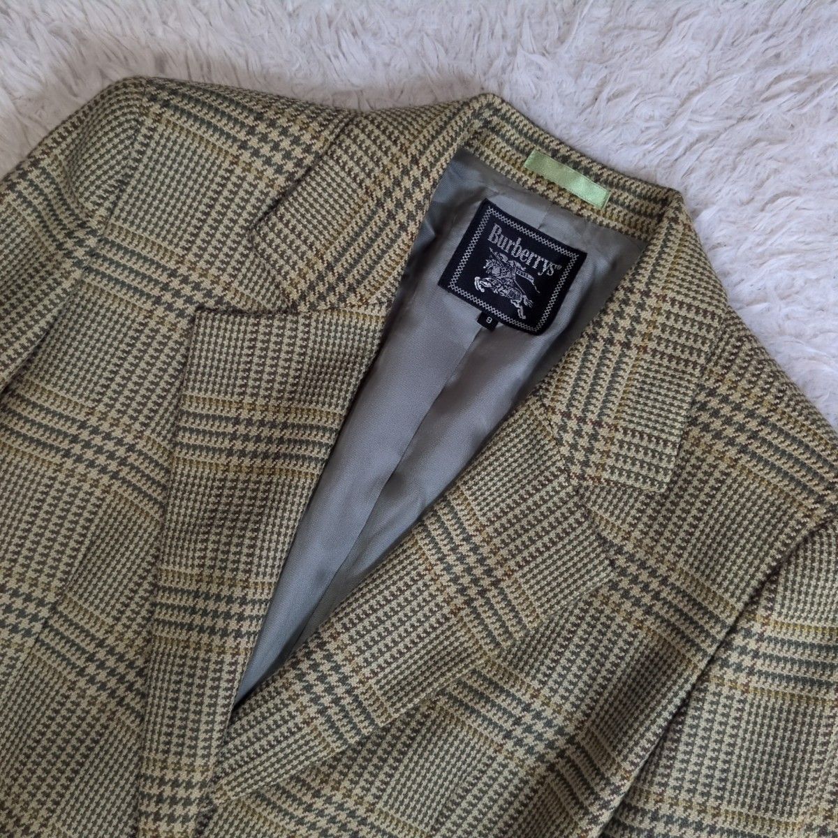 人気 バーバリー BURBERRY カシミヤ混 テーラードジャケット シングル 1ボタン チェック 千鳥 グリーン 9 ウール