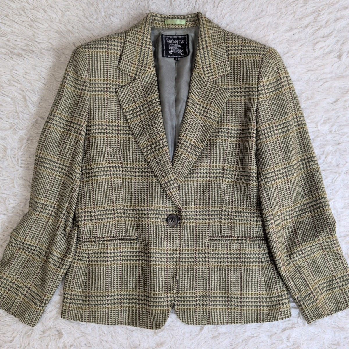 人気 バーバリー BURBERRY カシミヤ混 テーラードジャケット シングル 1ボタン チェック 千鳥 グリーン 9 ウール