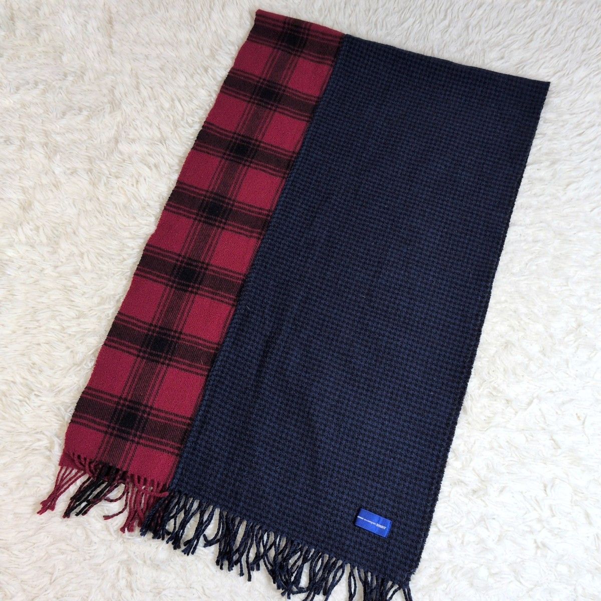 コムデギャルソン COMME de GARCONS 切り替えチェック柄マフラー ストール 男女兼用 ユニセックス レッド×ブルー 赤 青 ウール 大判