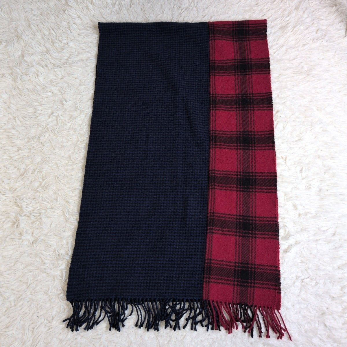 コムデギャルソン COMME de GARCONS 切り替えチェック柄マフラー ストール 男女兼用 ユニセックス レッド×ブルー 赤 青 ウール 大判