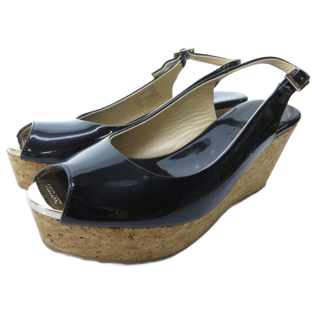 ジミーチュウ JIMMY CHOO エナメル スリングバック サンダル ミュール コルクヒール オープントゥ 黒 ブラック 約24cm IBO81