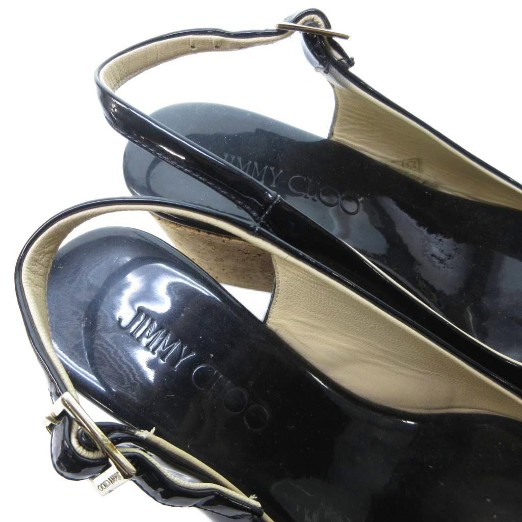  ジミーチュウ JIMMY CHOO エナメル スリングバック サンダル ミュール コルクヒール オープントゥ 黒 ブラック 約24 cm IBO 81 サンダル サンダル ミュール