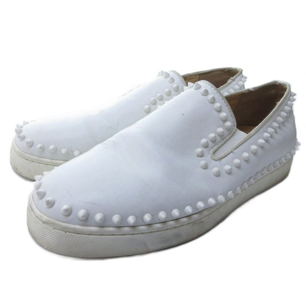 クリスチャンルブタン Christian louboutin スパイクスタッズ レザー スリッポン ローファー 白 ホワイト 約26cm IBO81