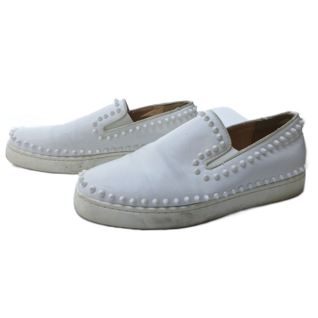 クリスチャンルブタン Christian louboutin スパイクスタッズ レザー スリッポン ローファー 白 ホワイト 約26 cm IBO 81