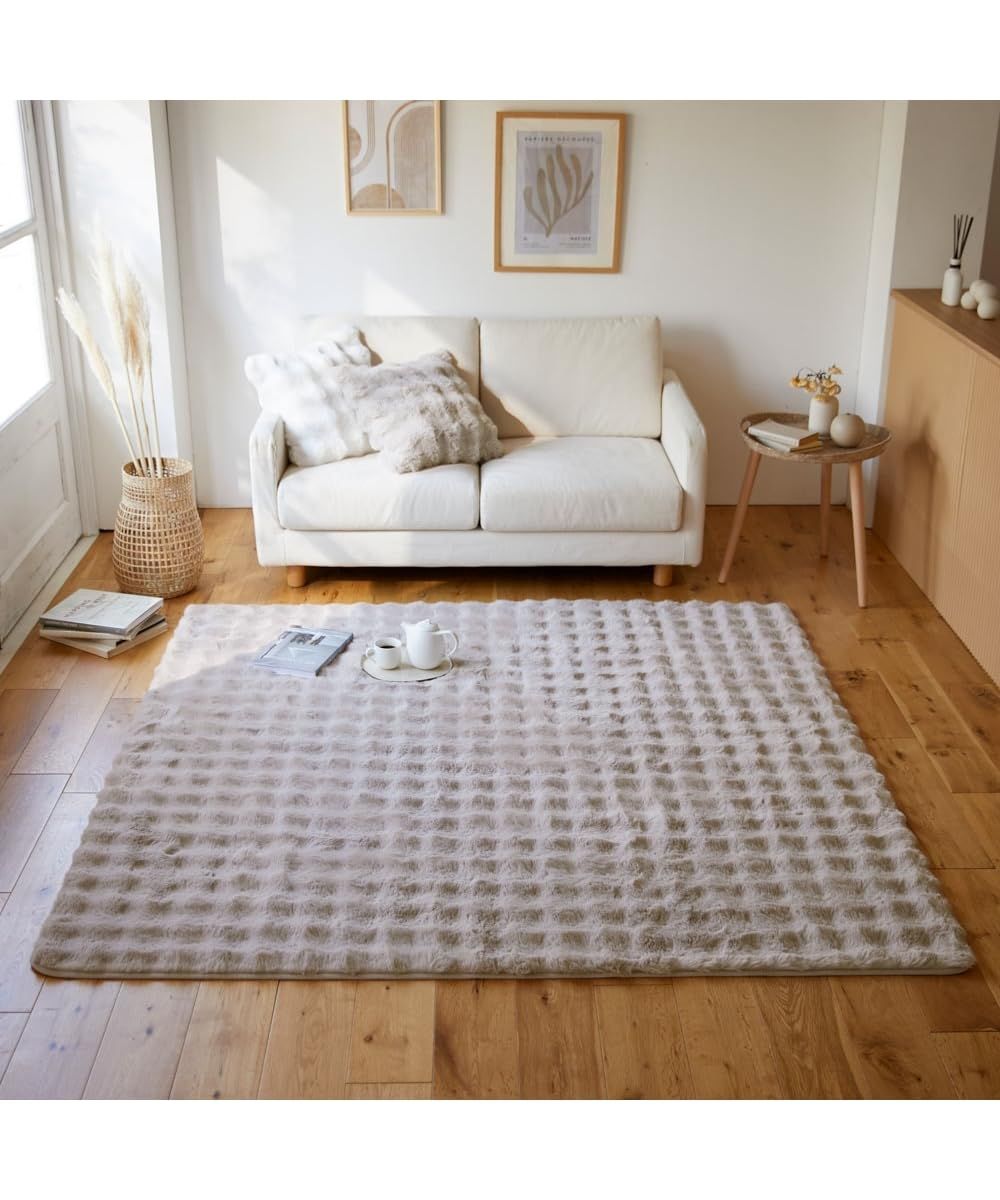 ニッセン モコモコ デザインラグ ラビットファー調 furry doudou.|ファーリードゥドゥ ホワイトグレージュ 約185×185cm