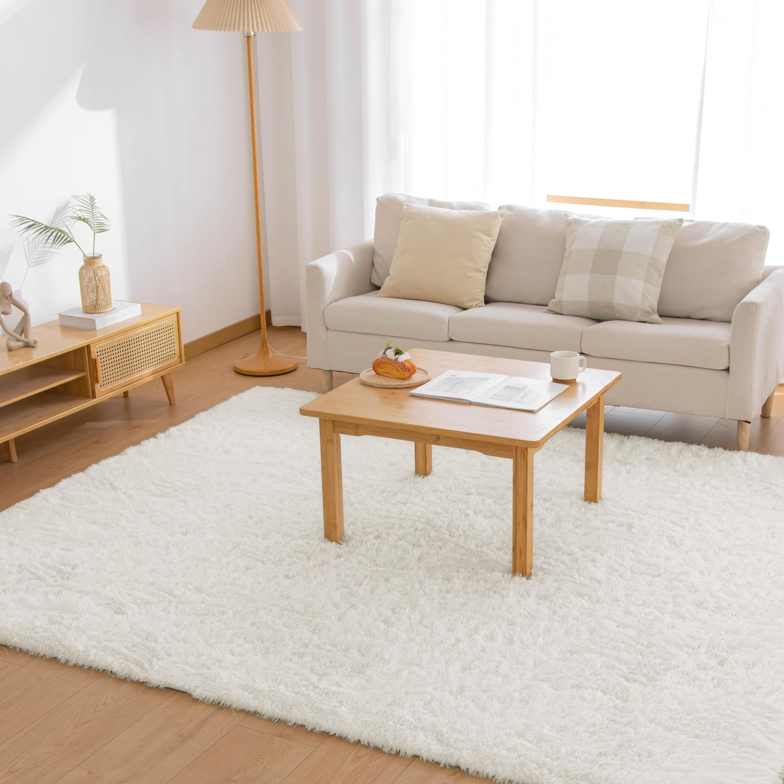 Matdeco ラグ カーペット シャギーラグ 長方形 約2畳 185×185cm 洗えるラグ ラグマット 滑り止め 防音絨毯 ふわっと手触り オールシーズン リビング用 じゅうたん 柔らかい (ホワイト 約2畳185×185c