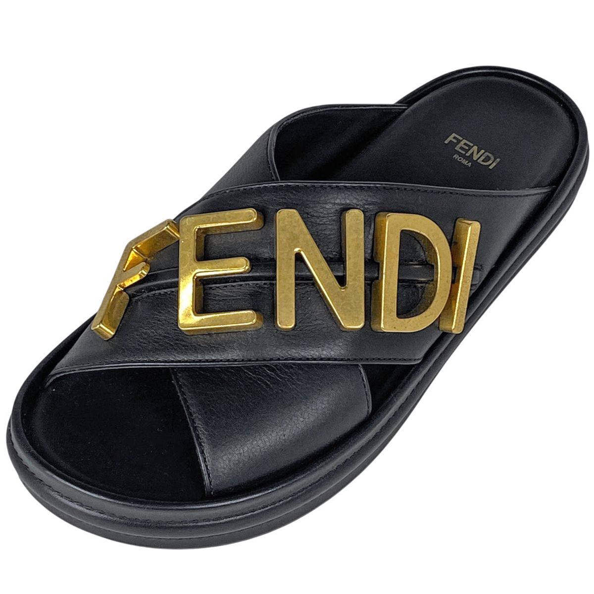 フェンディ FENDI ロゴ サンダル フラットサンダル 靴 サンダル レザー ブラック レディース