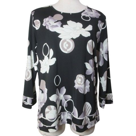 レオナールスポーツ LEONARD SPORT 大きいサイズ カットソー ブラウス 7分袖 花柄 プルオーバー 44 XL相当 黒 ブラック IBO81 |X