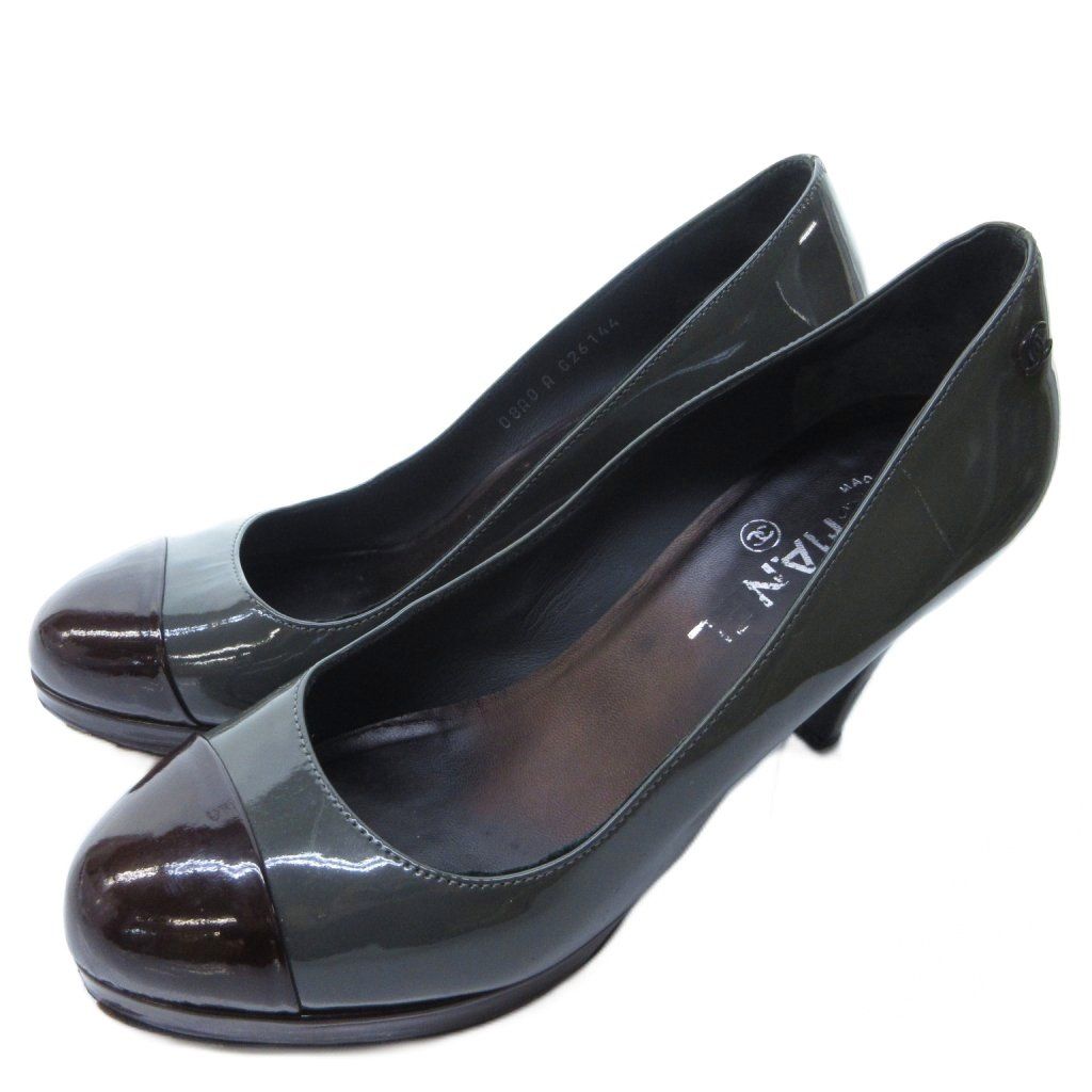 シャネル CHANEL バイカラー エナメル パンプス ラウンドトゥ ハイヒール 緑系 グリーン系 茶 ブラウン 約24cm IBO81