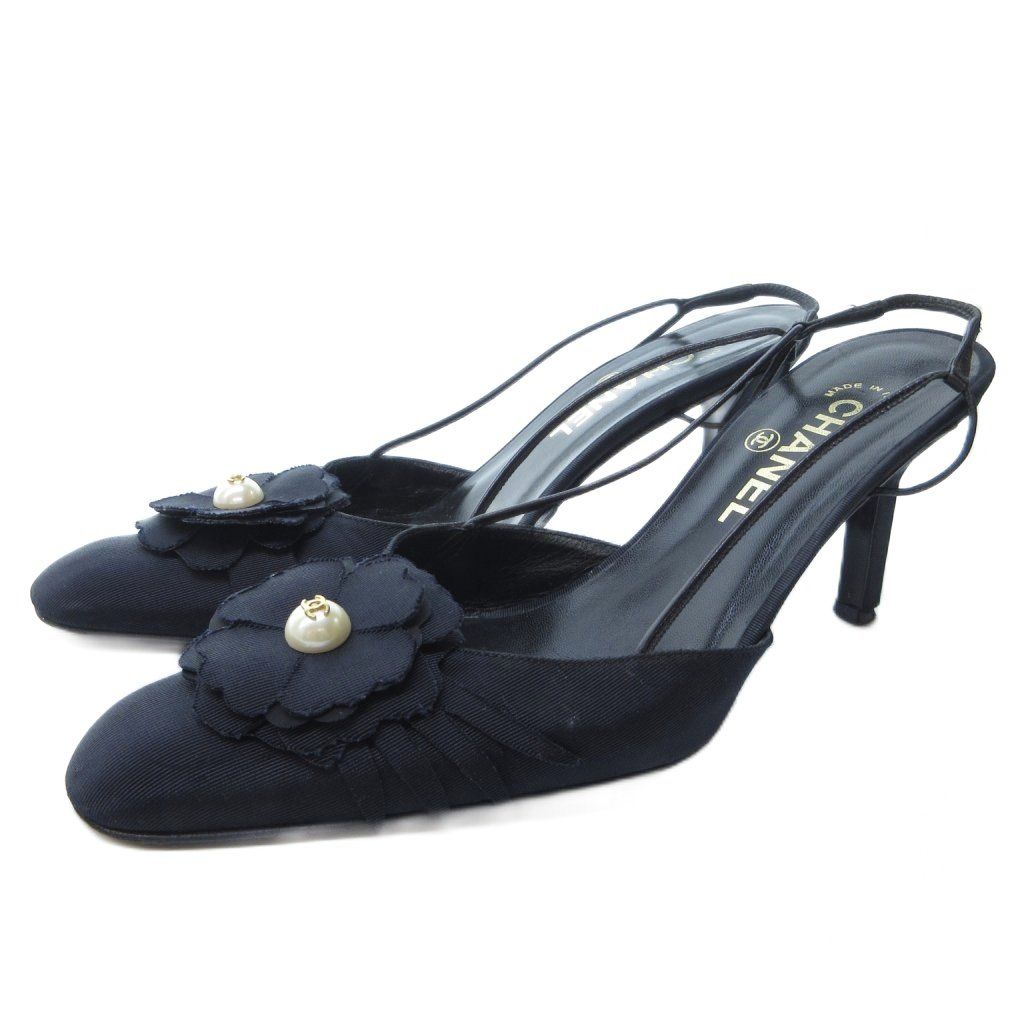 シャネル CHANEL カメリア×パール ミュール パンプス ココマーク 黒 ブラック 約23.5cm IBO81 1019
