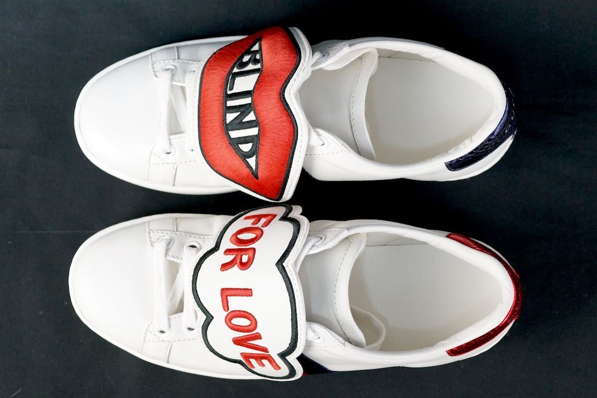  GUCCI グッチ ACE エースBlind for Love 刺繍パッチ レザー ローカット スニーカー シェリーライン 約22 cm ホワイト 470342 スニーカー 靴