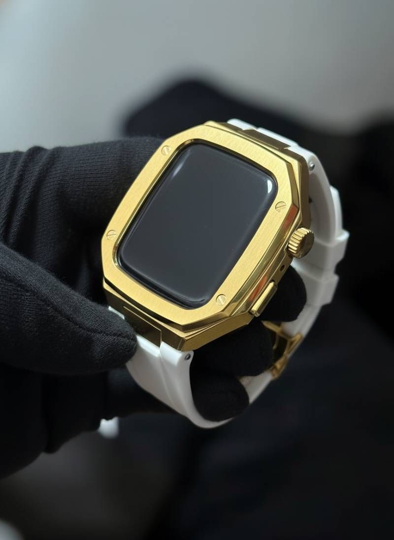 ゴールドホワイト 組み立て 別注ラバー アップルウォッチケース カスタム カバー 保護 44mm 45mm 46mm アップルウォッチカスタム series1|2|3|4|5|6|7|8|9|10|11 SE1|2|3 バンド ベルト