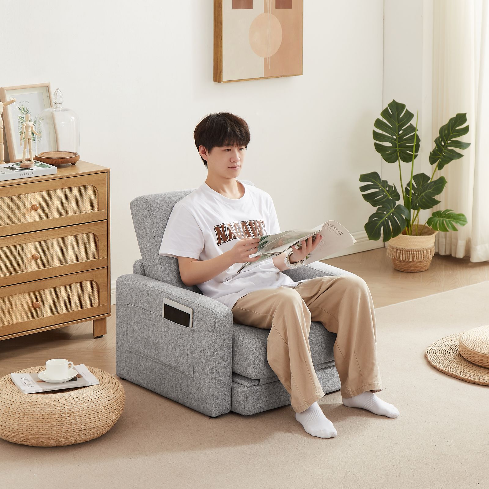 ソファーベッド 折りたたみベッド ローソファー シングルソファーベッド 座面開閉式 ソファーけ コンパクトソファーベッド フロアソファ 肘掛け収納ポケット付き GC