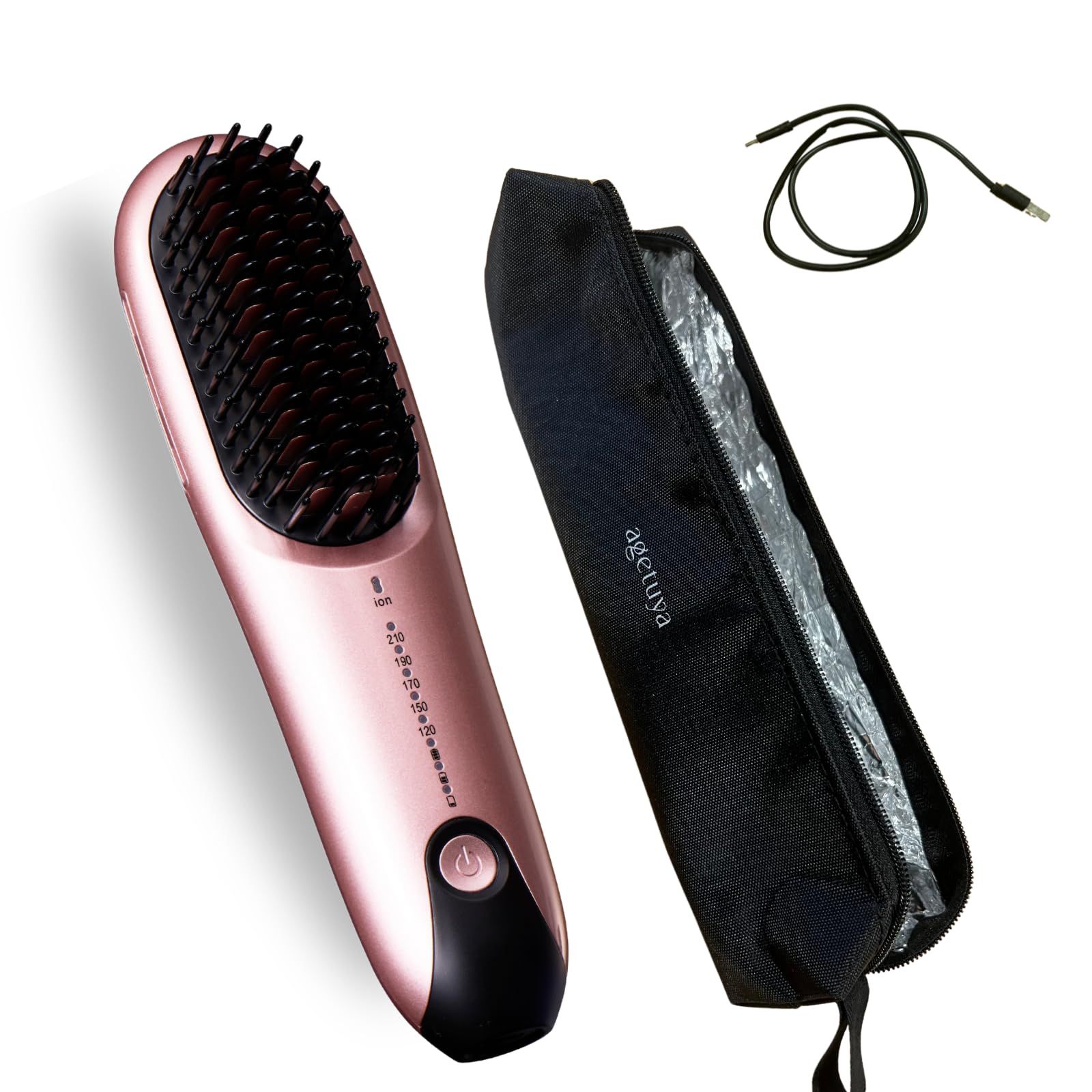 2025年登場 QVC放送にて 続出 延長3年 AGETUYA コードレスミニブラシアイロンプラス ピンク 耐熱ポーチ付き | ブラシ アイロンブラシ ヒートブラシ