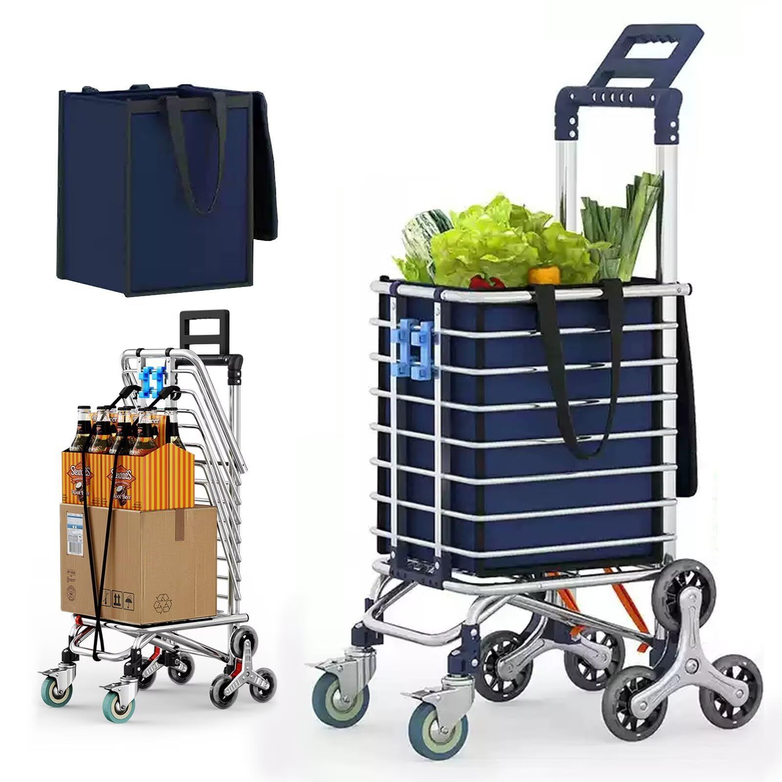 KASYANKA ショッピングカート 買い物カート 買い物キャリー ショッピングキャリー 手押し車 階段昇降 折り畳み 35L 大容量 8輪 ダブルキャスター 荷物運び 若い人 高齢者 スーパー 釣り キャンプ ブルー