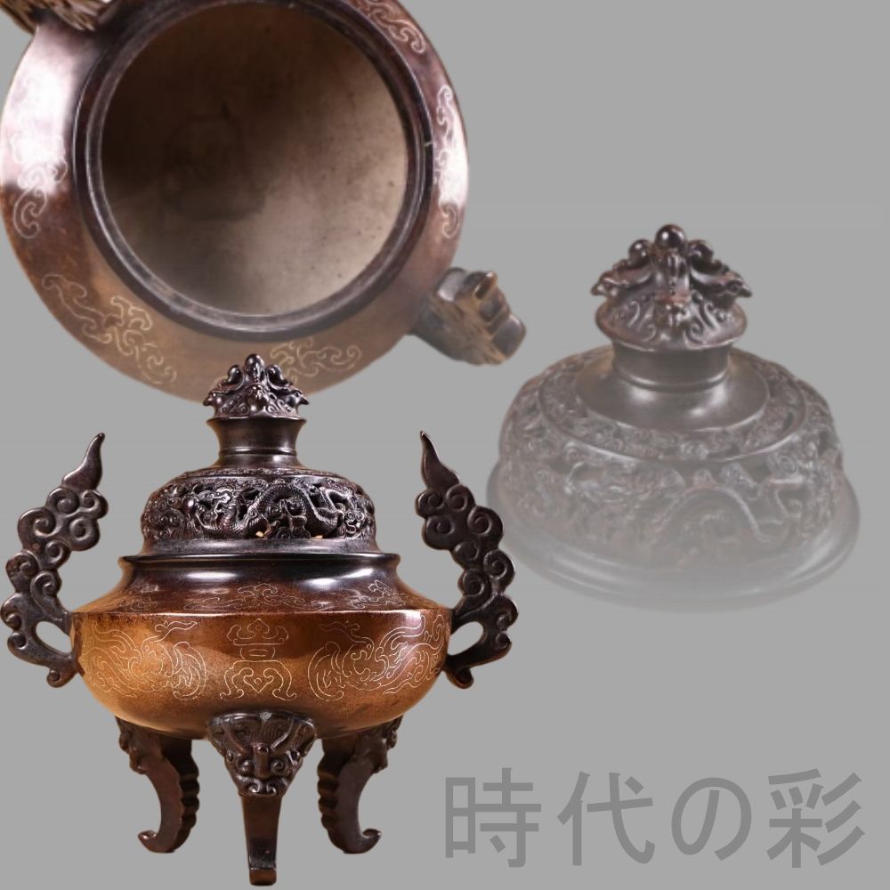 銀絲嵌入純銅香炉】紫銅全銅製 高浮雕鏨刻工芸 精緻造形 唐物 骨董品