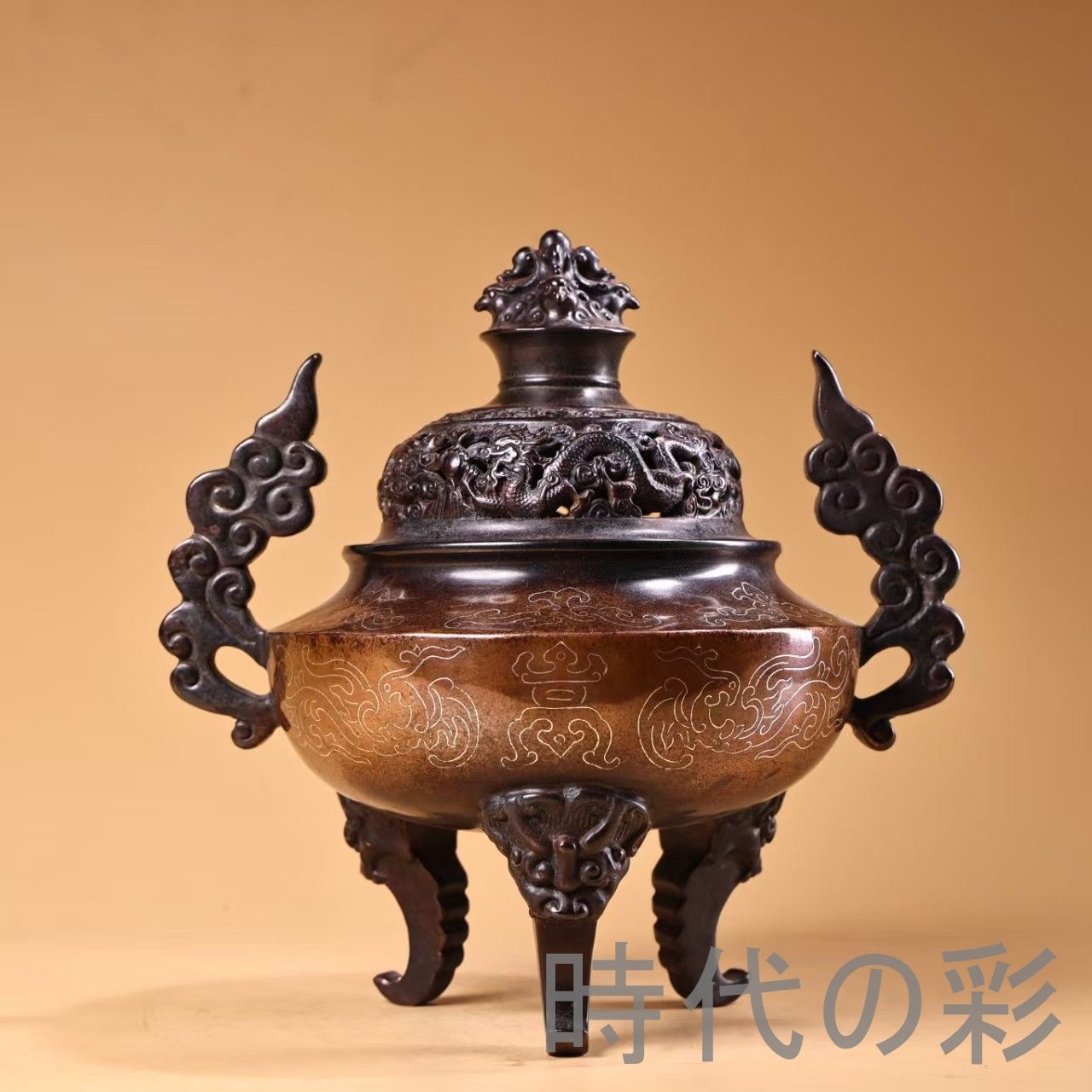 銀絲嵌入純銅香炉】紫銅全銅製 高浮雕鏨刻工芸 精緻造形 唐物 骨董品