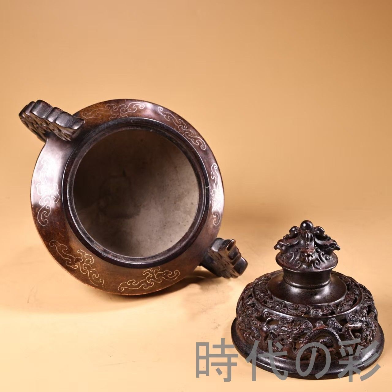 銀絲嵌入純銅香炉】紫銅全銅製 高浮雕鏨刻工芸 精緻造形 唐物 骨董品