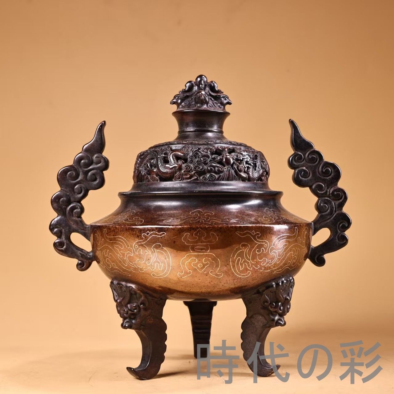 銀絲嵌入純銅香炉】紫銅全銅製 高浮雕鏨刻工芸 精緻造形 唐物 骨董品