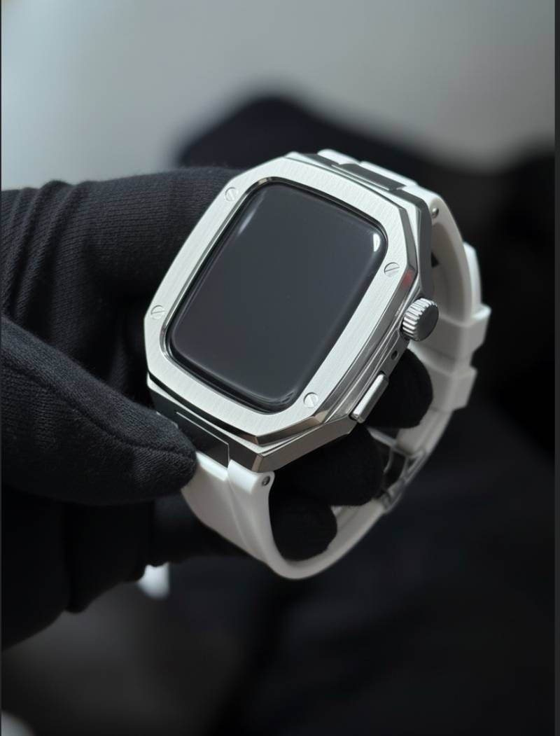 ホワイトシルバー 組み立て 別注ラバー アップルウォッチケース カスタム カバー 保護 44mm 45mm 46mm アップルウォッチカスタム series1 2 3 4 5 6 7 8 9 10 11 SE1 2 3 バンド ベルト