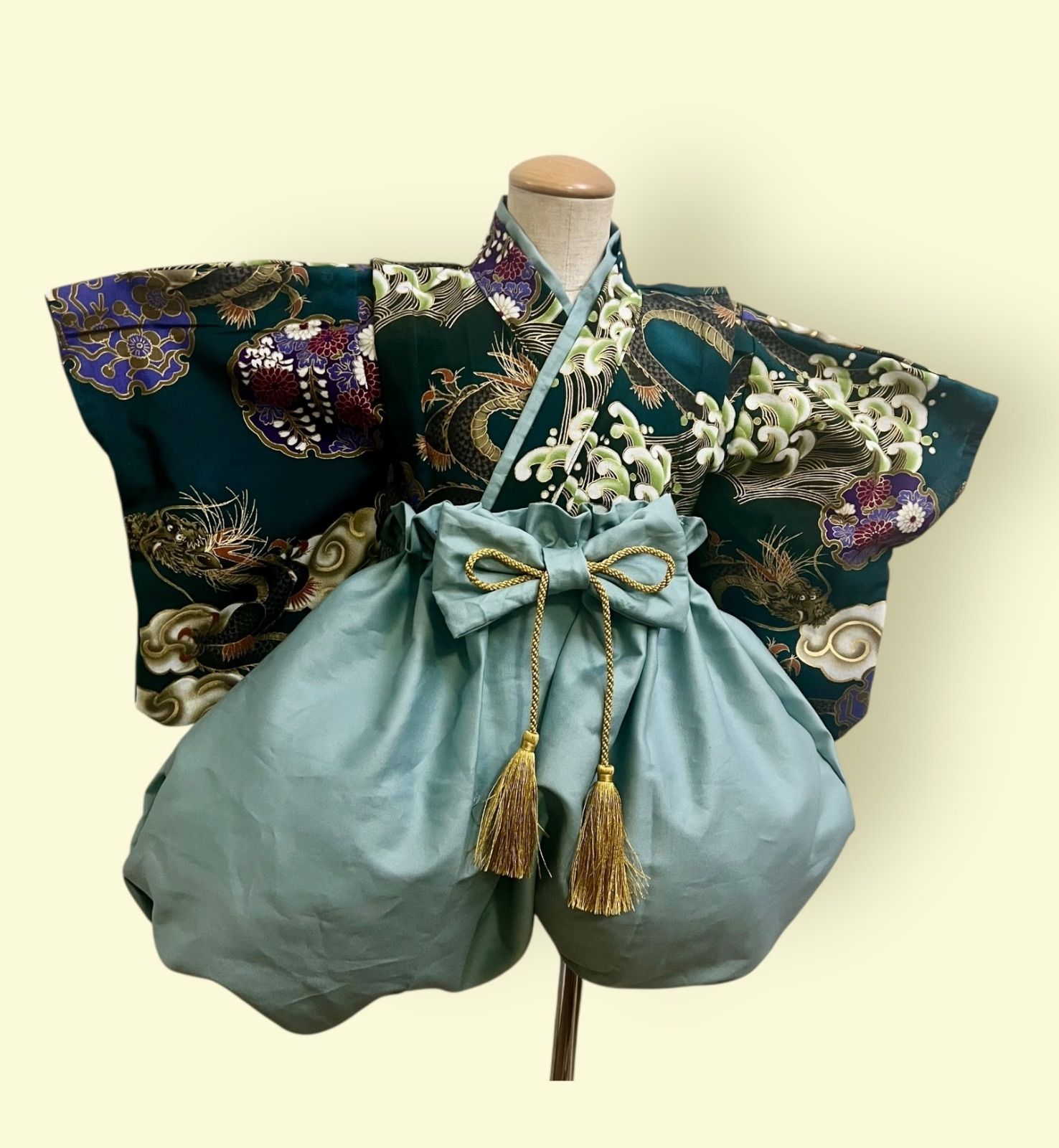 soyo 龍柄ベビー袴 深緑×くすみミント袴 初節句 お食い初め ハーフバースデーに