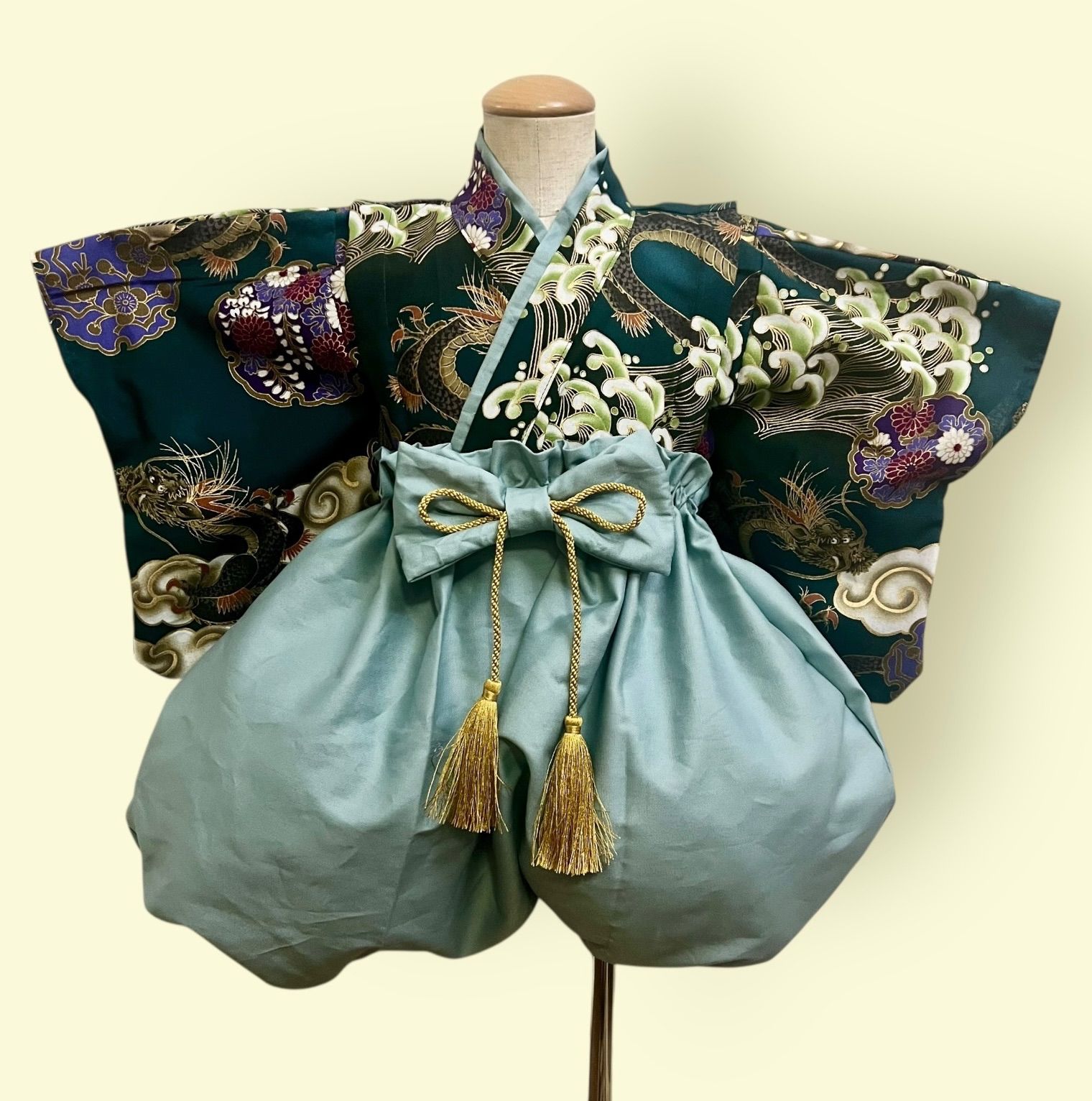 soyo 龍柄ベビー袴 深緑×くすみミント袴 初節句 お食い初め ハーフバースデーに