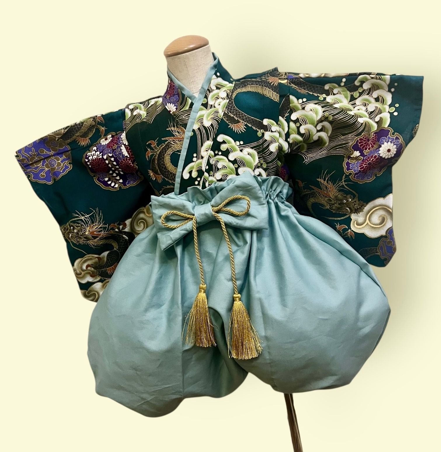 龍柄ベビー袴 深緑×くすみミント袴