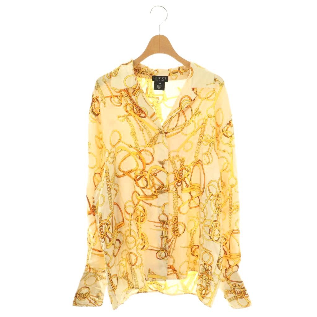 グッチ GUCCI ヴィンテージ チェーン柄 シルクシャツ ブラウス オープン 金ボタン 40 ベージュ イエロー ブラウン CX GY53
