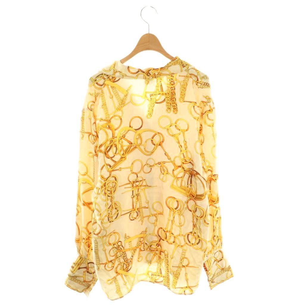 グッチ GUCCI ヴィンテージ チェーン柄 シルクシャツ ブラウス オープン 金ボタン 40 ベージュ イエロー ブラウン CX GY 53