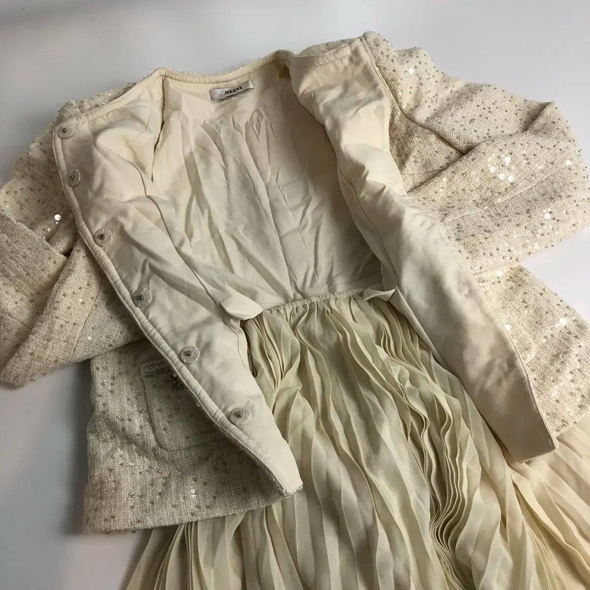 JILLY LEE ツイード ジャケット プリーツ スカート セット SET UP L WWW_SMP1DAWEKUDUS_SCH_ID