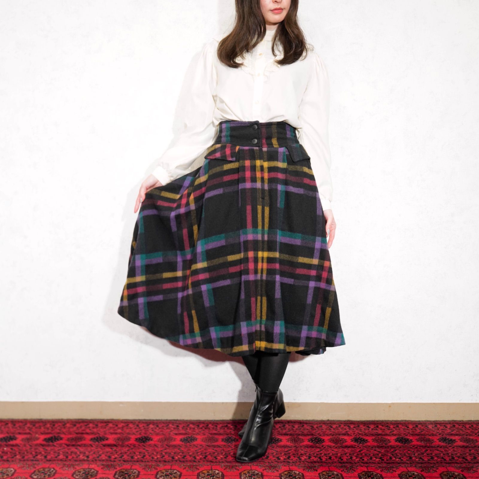 *SPECIAL ITEM* EU VINTAGE CHECK PATTERNED WOOL DESIGN SKIRT MADE IN ITALY|ヨーロッパ古着チェック柄ウールデザインスカート