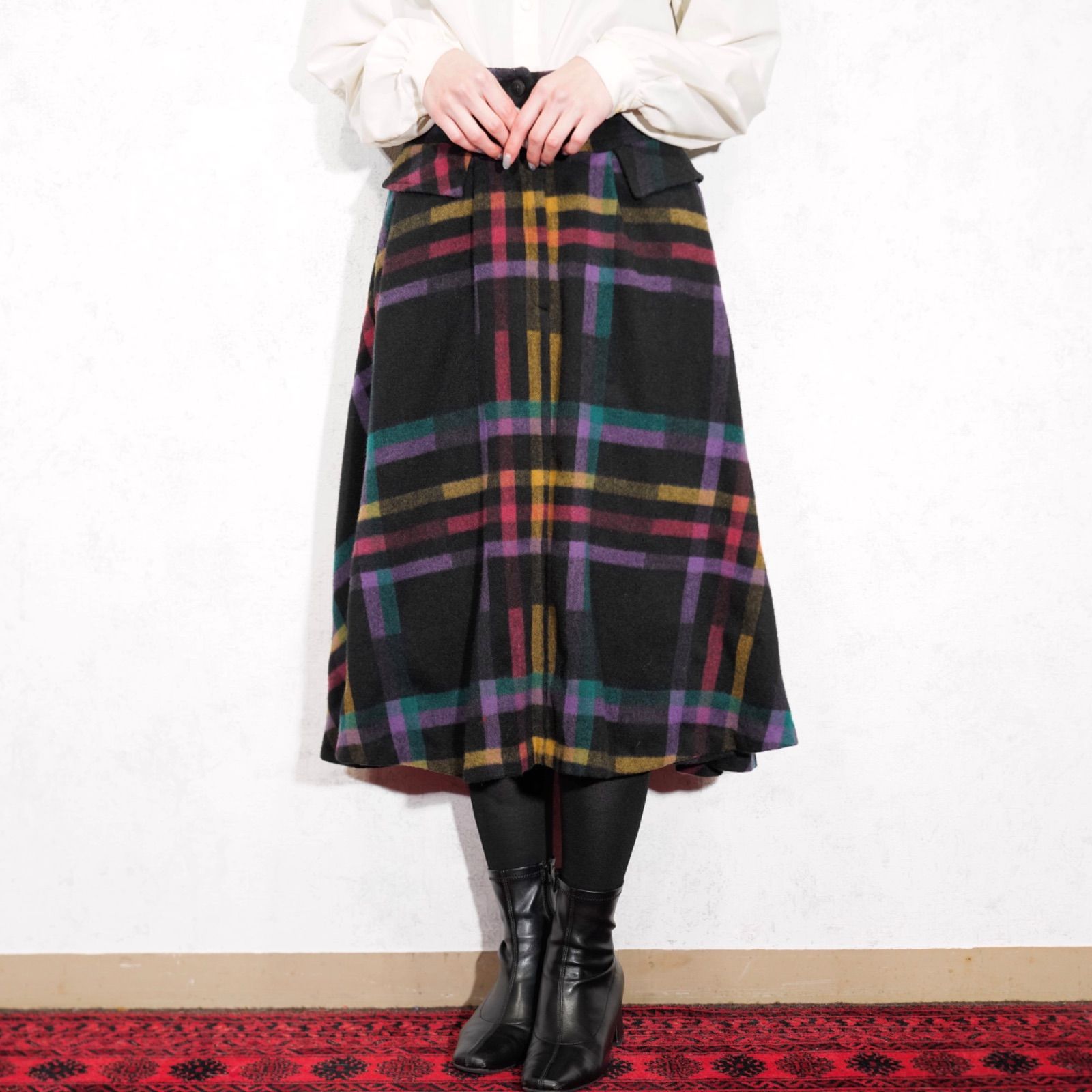 人気ブランド集結！ SPECIAL ITEM EU VINTAGE CHECK PATTERNED WOOL DESIGN SKIRT MADE IN ITALY ヨーロッパ古着チェック柄ウールデザインスカート 100％品質保証。