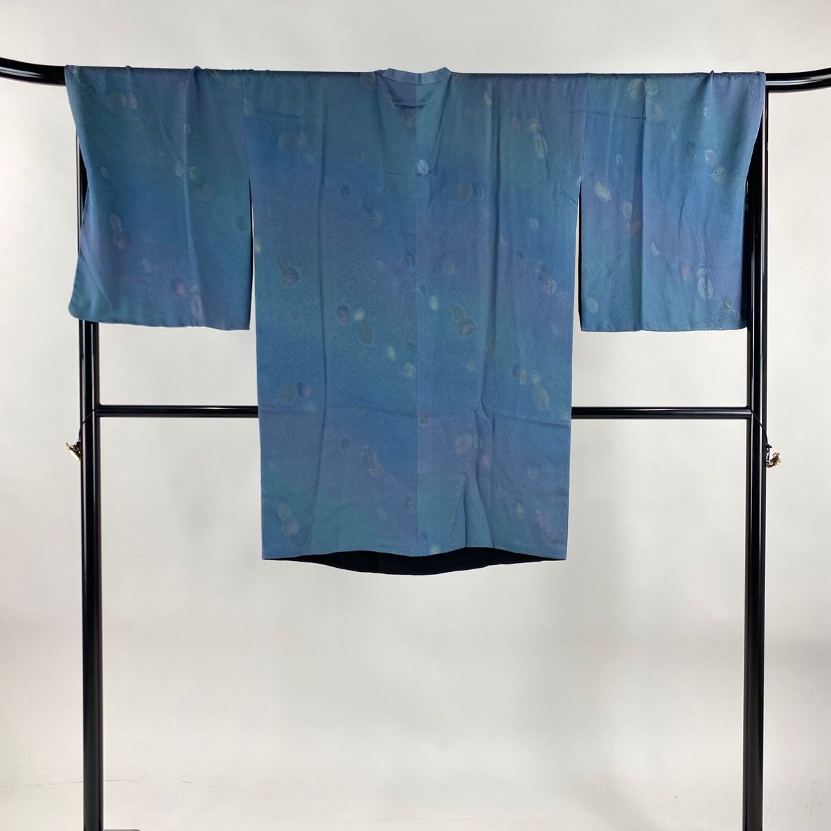 道行 身丈94cm 裄丈70cm L 和装コート 角衿 葉柄 ぼかし 青灰色 正絹 秀品