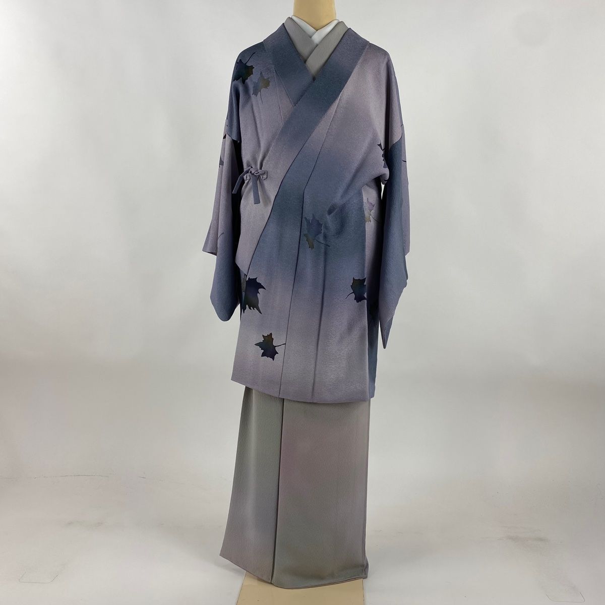 道中着 身丈88.5cm 裄丈66cm M 和装コート 着物衿 葉柄 灰紫 正絹 秀品