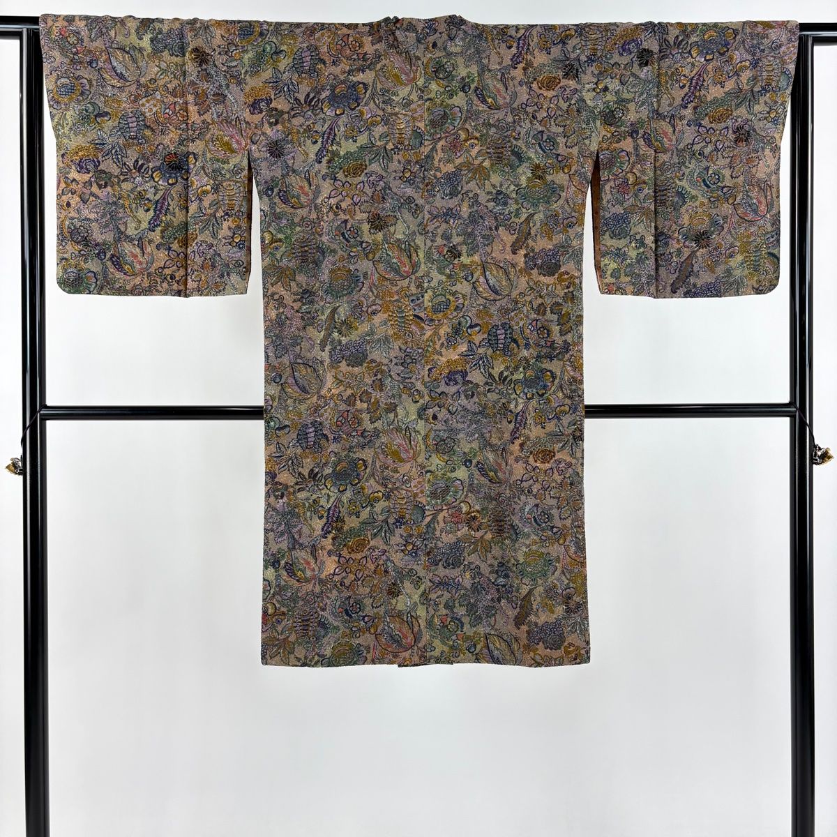 道行 身丈109cm 裄丈64.5cm M 和装コート 角衿 草花 灰紫 正絹