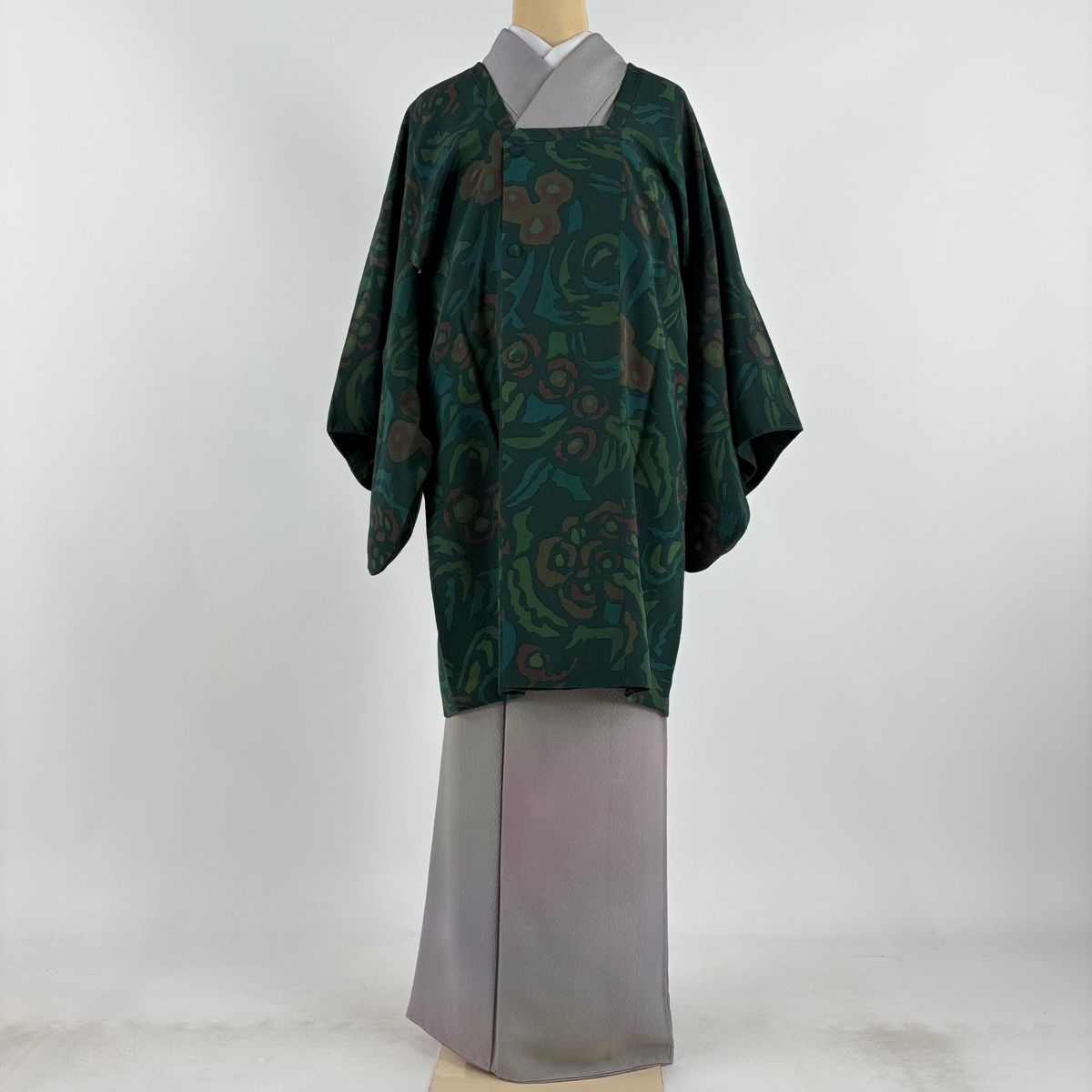 道行 身丈89cm 裄丈64.5cm M 和装コート 角衿 草花 縮緬 深緑 正絹