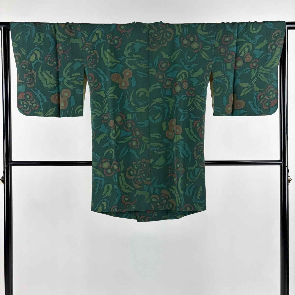 道行 身丈89cm 裄丈64.5cm M 和装コート 角衿 草花 縮緬 深緑 正絹 名品