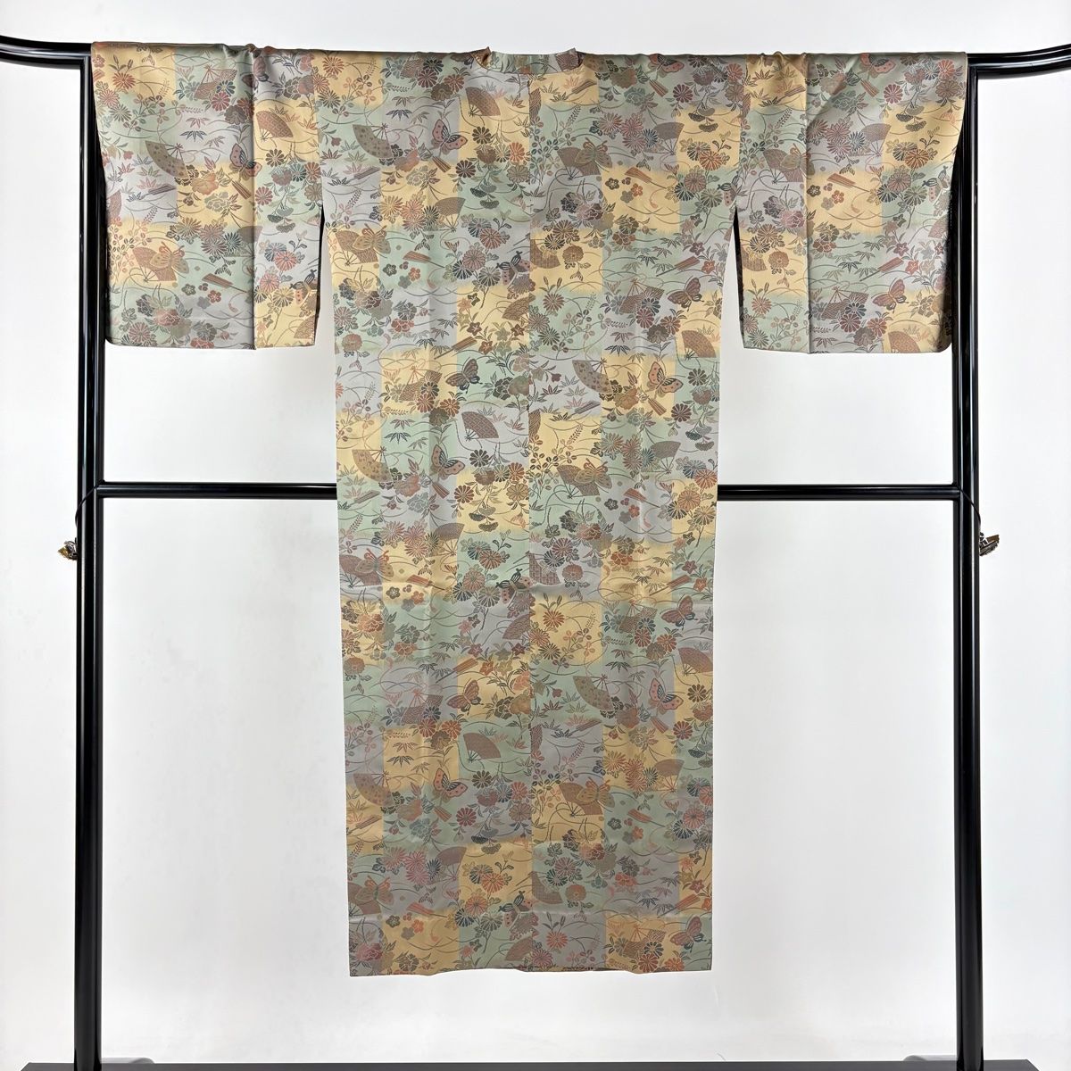 道行 身丈137cm 裄丈67cm M 和装コート 千代田衿 扇 花蝶 灰緑 正絹