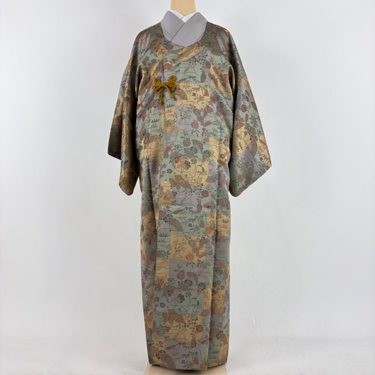 道行 身丈137cm 裄丈67cm M 和装コート 千代田衿 扇 花蝶 灰緑 正絹
