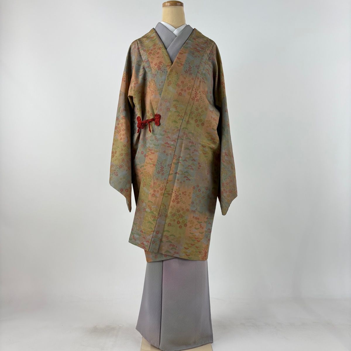 道中着 身丈98cm 裄丈69cm L 和装コート 松 菊 薄茶色 正絹