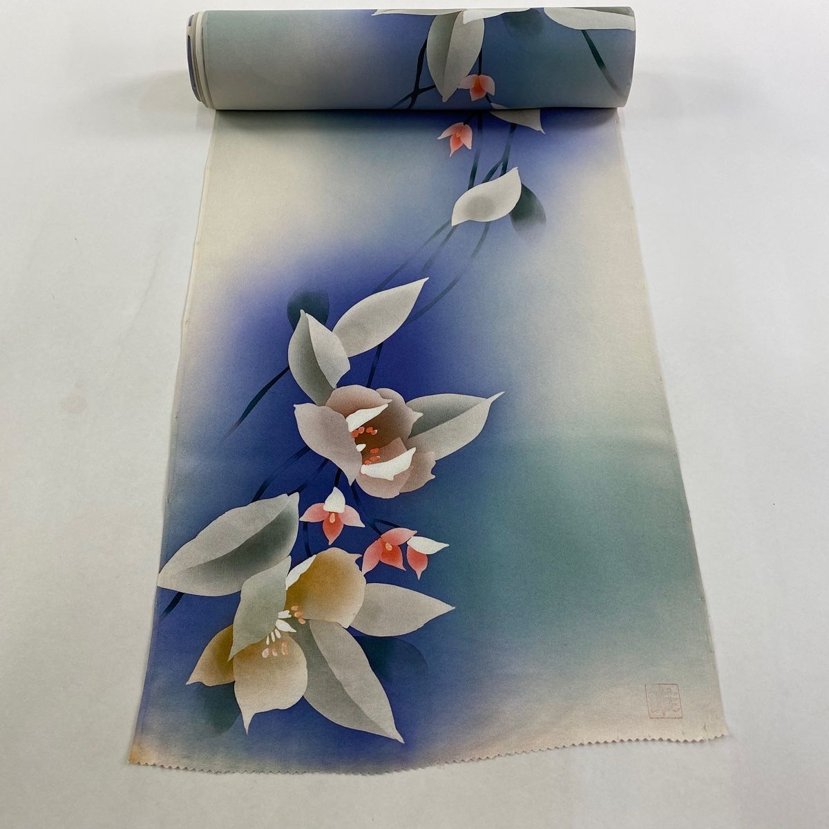 反物 秀品 小紋 枝花 ぼかし 青灰色 正絹
