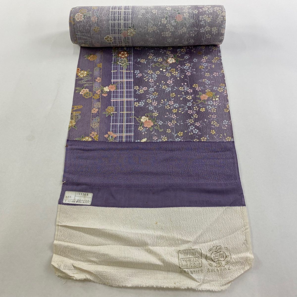 反物 秀品 小紋 草花 格子 金彩 ぼかし 紫 正絹