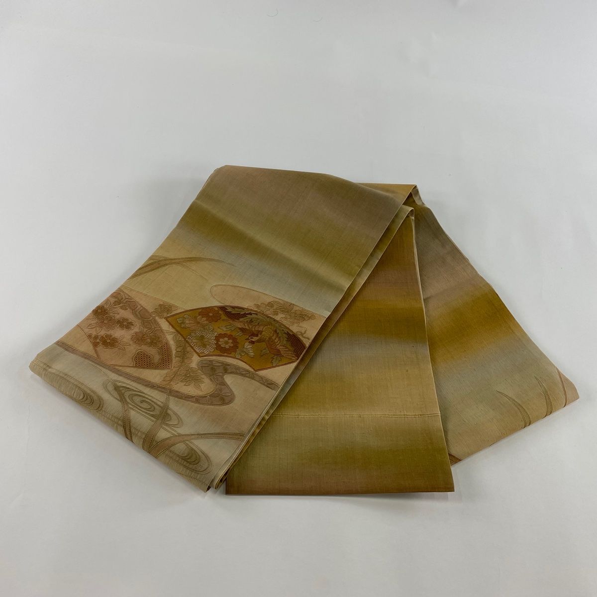 美品】 袋帯 秀品 紬地 扇面 花鳥 刺繍 金彩 薄茶色 お太鼓柄 正絹