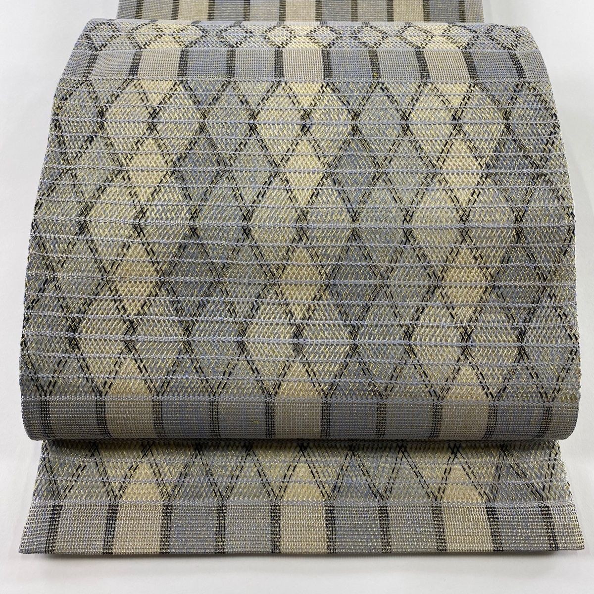 丸帯 秀品 菱文 縞模様 金糸 組織 青灰色 お太鼓柄 正絹