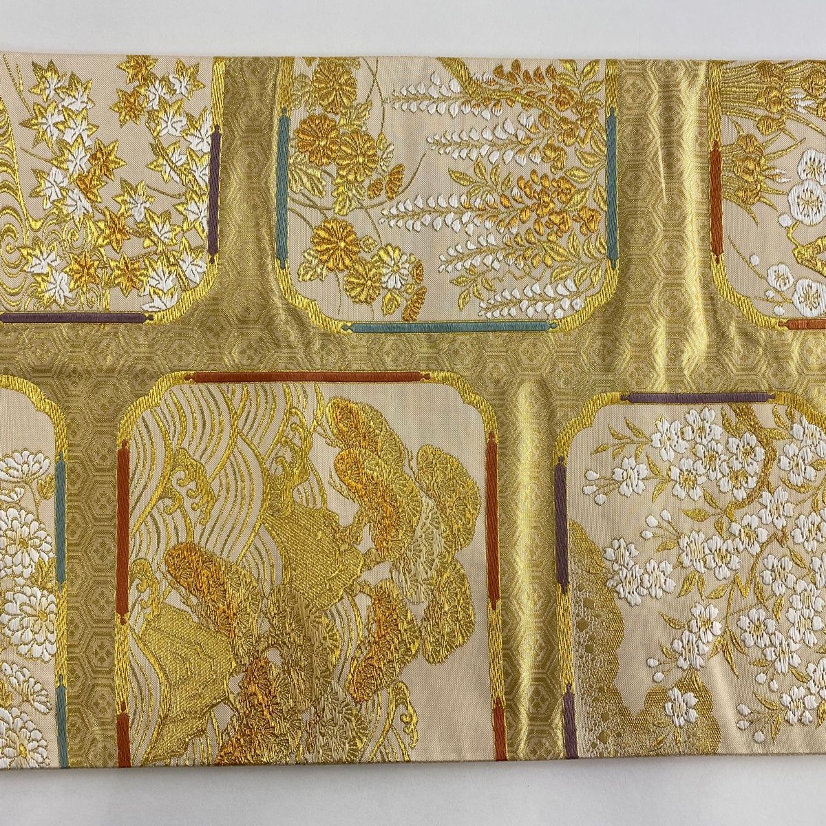 【24時間以内発送】豪華絢爛 美品 帯 袋帯 金糸 箔 逸品 六通 美品】 袋帯 秀品 古綾錦 草花 波 金糸 箔 金色 六通 正絹 【中古