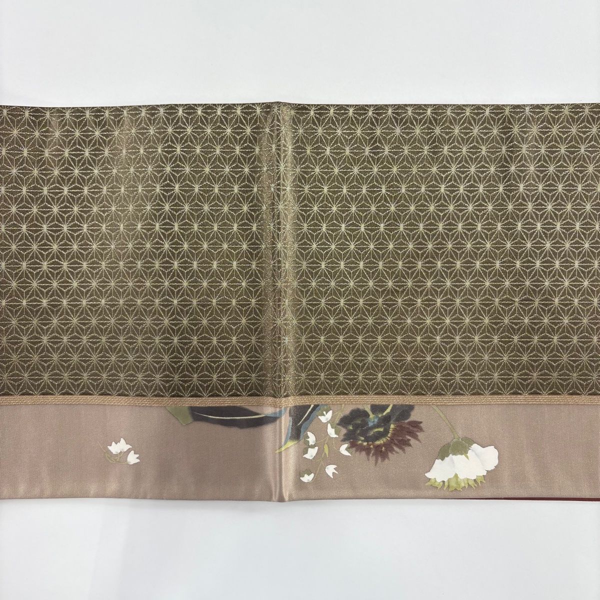 バイセル 着物 美品 名品 袋帯 緑 二代目清次郎 牡丹 草花 ぼかし 箔 お太鼓柄 正絹 ☆☆☆☆ 小紋 身丈158cm 裄丈63.5cm S 袷 二代目清次郎 落款あり 桜 はなびら