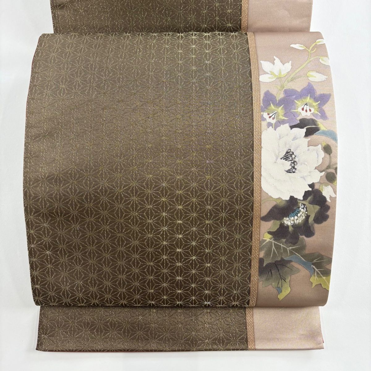 バイセル 着物 美品 名品 袋帯 緑 二代目清次郎 牡丹 草花 ぼかし 箔 お太鼓柄 正絹 ☆☆☆☆ 小紋 身丈158cm 裄丈63.5cm S 袷 二代目清次郎 落款あり 桜 はなびら